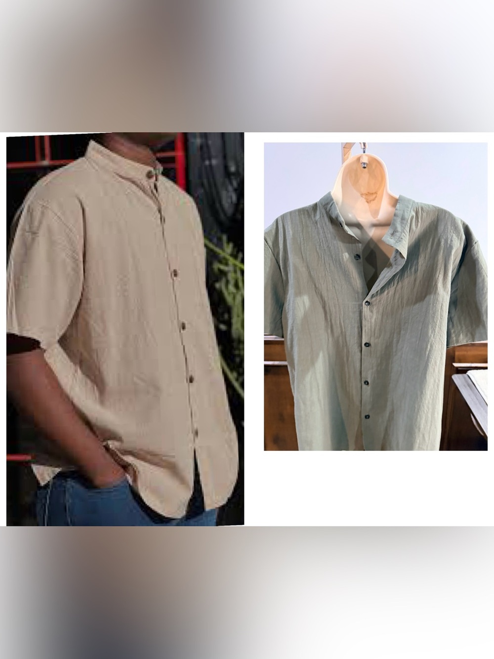 NWT SIZE M Men's Short-Sleeve Button-Down Shirt in Beige and Light Sage